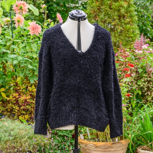 bp Sweaters - BP black Faux Fur [eyelash chenille] Fuzzy long-sleeve V-Neck sweater, worn Once